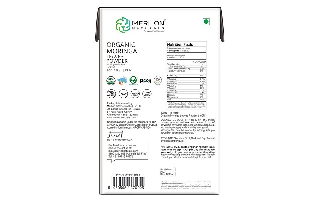 MERLION NATURALS Organic Moringa Leaves Powder    Pack  227 grams